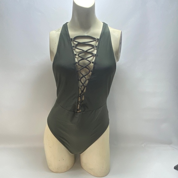 Forever 21 Womens One Piece Swim Suit Medium Forest Green Lace Front Back Zipper - Picture 1 of 16